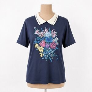 Vintage 90s Floral Graphic Peter Pan Collar T Shirt Sz L Blue Cottagecore Granny